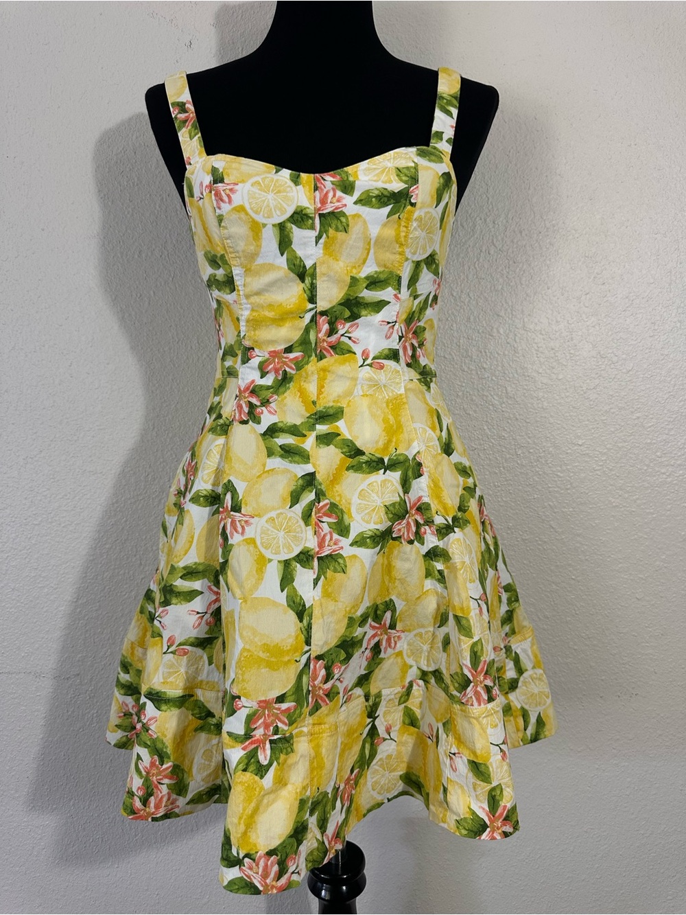 Avec Les Filles Yellow Lemon Print Fit-and-Flare Mini Dress